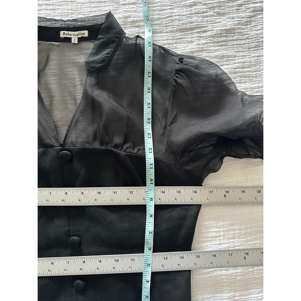 Reformation Black Linen Sheer Organza Puff Sleeve Button Front Top Size 6 - Picture 3 of 7